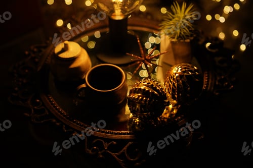 Preview: New Year 2022. interior with candles, bulbs and bokeh. Room decorated to celebration. Christmas tree