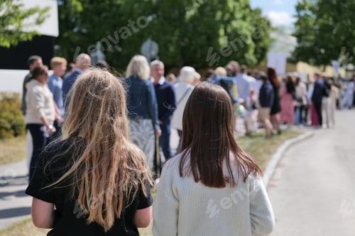 Preview: Female friends enjoying a leisurely stroll along a city sidewalk, surrounded by other pedestrians