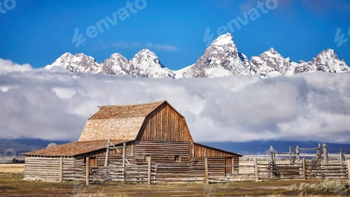 Preview: Teton mountain range with Moulton Barn in the Grand Teton Nation