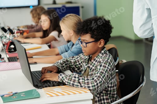 Preview: Side view of youthful African American schoolboy working in front of laptop