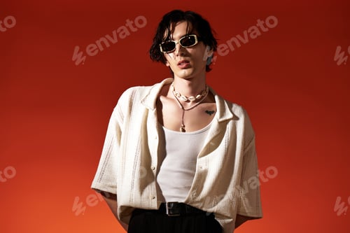 Preview: Slim young man showcases stylish summer outfit in vibrant studio setting