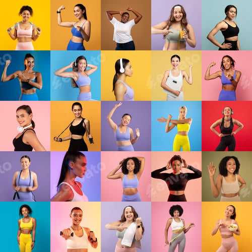 Preview: Women showcasing fitness poses and activities in vibrant colors