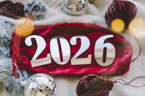 Visualização: Ambiente aconchegante de inverno com uma bebida quente, decorações festivas e números de Ano Novo.