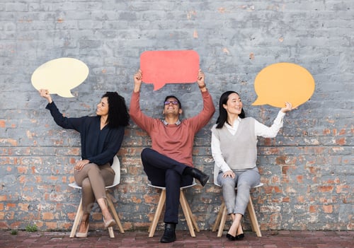 Preview: Speech bubble, survey and question with business people and mockup for social media, vote and revie