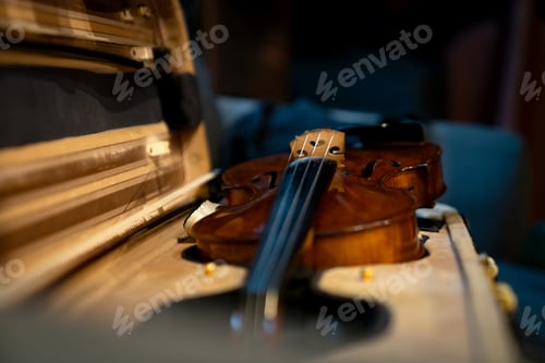 Preview: Close view of a violin strings and bridge