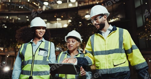 Preview: People, construction worker and tablet with group in city for planning, review and happy with bluep