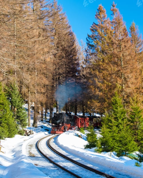 Preview: Steam train during winter in the snow in the Harz Germany Brocken Bahn