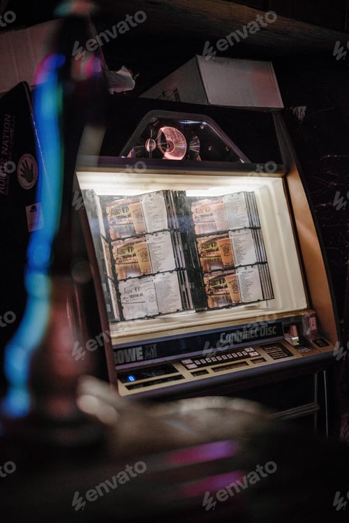 Preview: Old school vintage jukebox music player in dive bar dark moody oldies