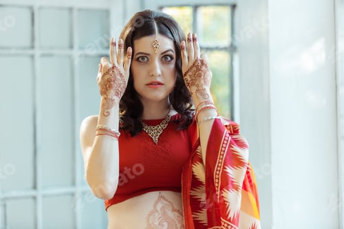 Preview: Indian Picture On Woman Hands And Belly, Mehendi Tradition Decoration, Resistant Design By Brown