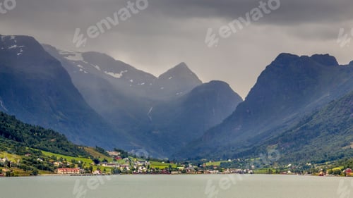 Preview: Landscape View of Olden village in Briksdalsbreen Glacial valley