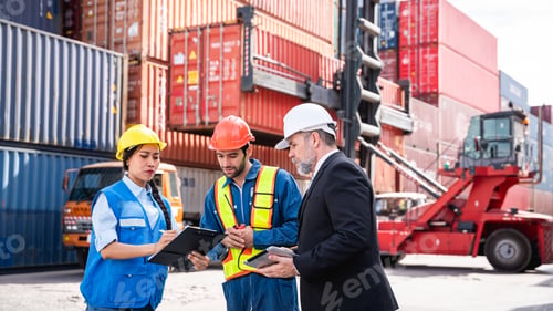 Preview: Businessman, Engineer or foreman talking and checking inventory or task details at container yard.