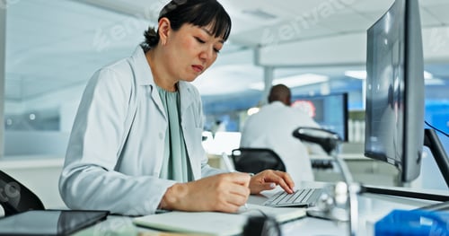Preview: Scientist, woman and study notes with computer, notebook and sample preparation in laboratory. Bioc
