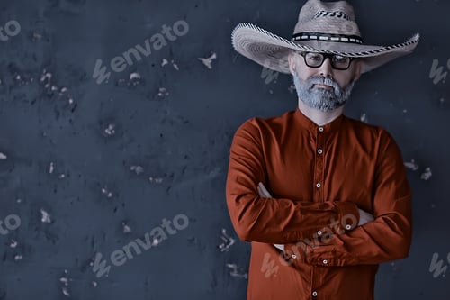 Preview: Hipster Guy In Glasses With A Gray Beard In A Hat With Brim. Emotionally Posing Model Man