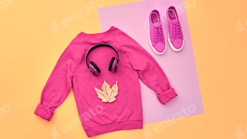 Preview: Fall fashion glamor accessories minimal. Autumn hipster clothes outfit falling on pastel background.