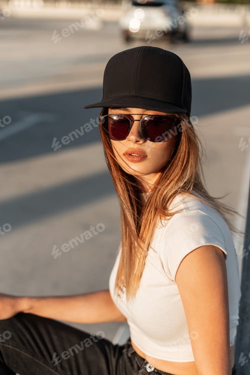 Preview: Urban young hipster girl in sunglasses in fashionable T-shirt in black American cap and jeans