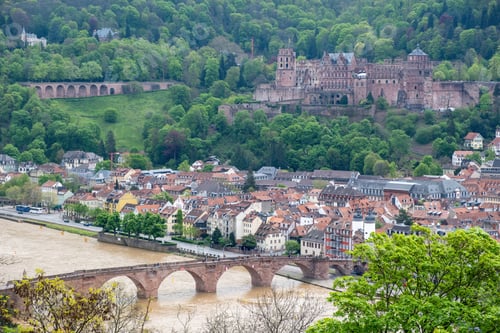 Preview: Germany, aerial view of Heidelberg traditional city next to Neckar river and Old Bridge.