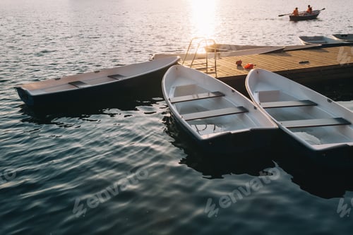 Preview: wooden pier and yachts on big lake at sunrise