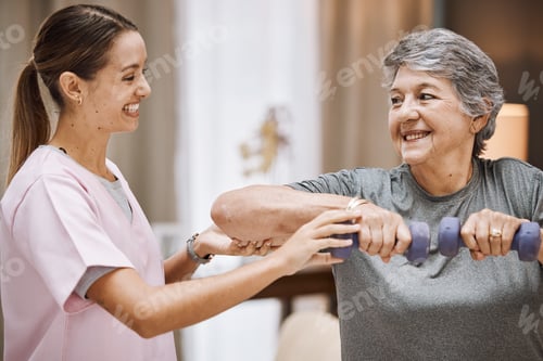 Preview: Women, senior or physiotherapy help with dumbbell in wellness clinic, healthcare center or nursing