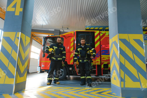 Preview: Portrait of two young firemen in uniform standing inside the fire station
