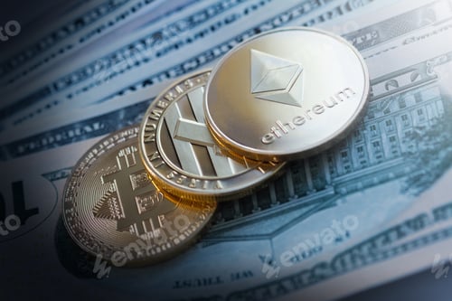 Preview: golden cryptocurrency coins on dollar bills