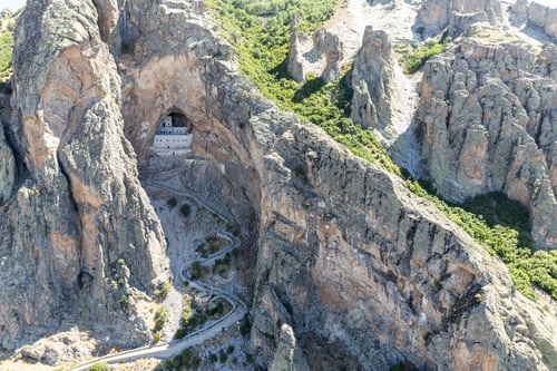 Preview: Aerial drone view of The Virgin Mary Monastery carved monastery at high rocks. Giresun, Turkey