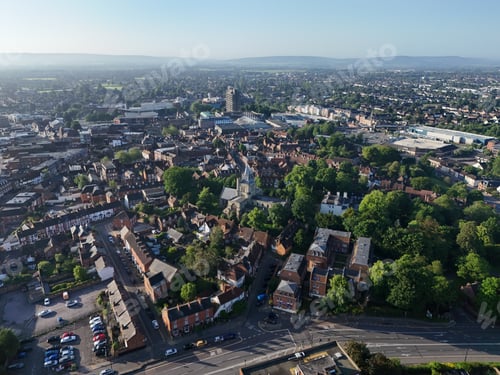 Preview: Aerial view of Aylesbury town center with Saint Mary's church on a sunny summer morning in the UK