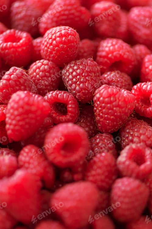 Vista previa: Ripe raspberries macro. Selective focus. Fruit background with copy space. Sunny summer and berries