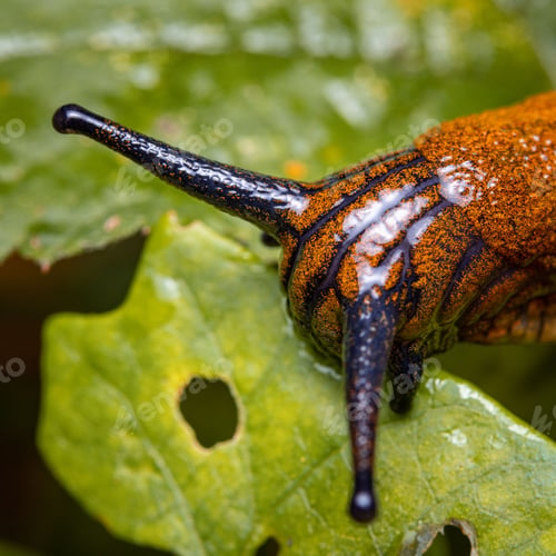 Preview: Macro shot of a red slug on a green leaf. Arion rufus.