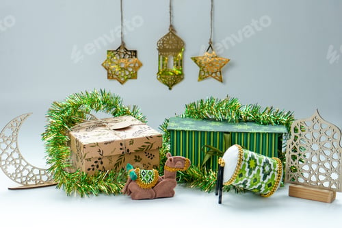 Preview: Islamic Eid Festive Decoration With Decorative Ramadan Ornaments Over White Background