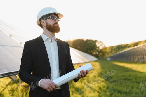 Preview: Investor inspecting solar panel farm with blueprint at sunset