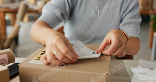 Preview: Hands, woman and package label for delivery of e commerce order, shipping information and courier.