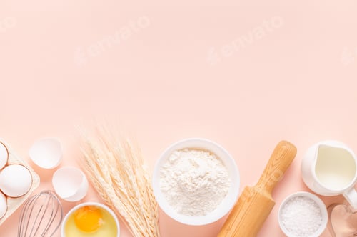 Preview: Ingredients for baking on light pink background.