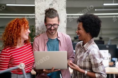 Preview: Diverse group of professionals meeting in office. IT programmers use computer, talk strategy