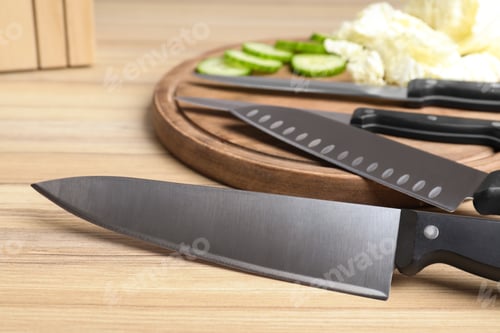 Preview: Set of knives and fresh raw vegetables on wooden table. Clean dishes