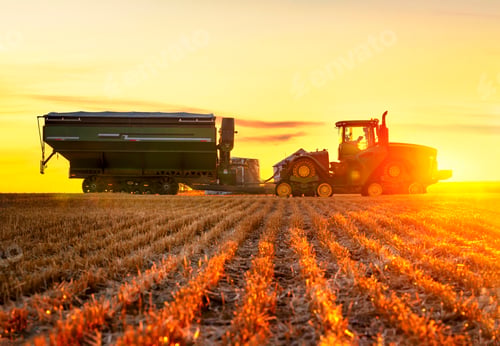 Preview: Tractor with the grain cart. Agriculture industry. Harvest.