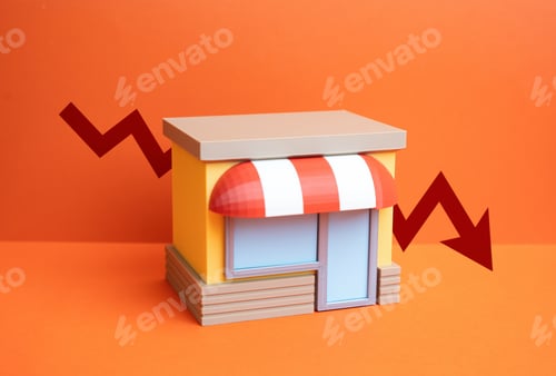 Preview: A store and a downward arrow. A decline in customers and demand, declining sales