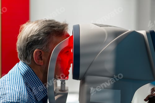 Preview: in an ophthalmology clinic a female doctor performs a diagnosis using a device with a red light