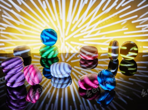 Preview: An assortment of bright macarons of different colors is displayed on a glass surface
