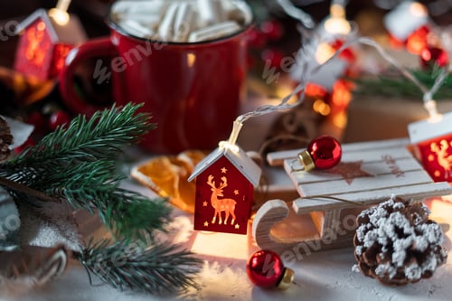 Preview: Winter hot drink, cacao with marshmallows and cinnamon or spicy hot chocolate in red cup and Christm