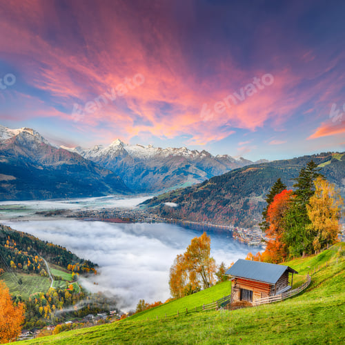 Aperçu: Amazing autumn view of lake meadows trees and mountains in Sell Am See