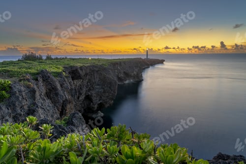 Preview: Cape Zanpa, Okinawa, Japan with the light house at dusk