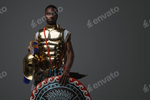 Preview: African soldier with shield and helmet against grey background