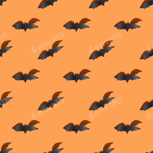 Preview: Seamless Halloween pattern of bat on orange background.