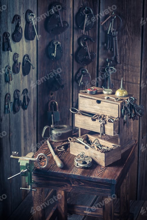 Preview: Locksmiths workshop with tools, locks and keys