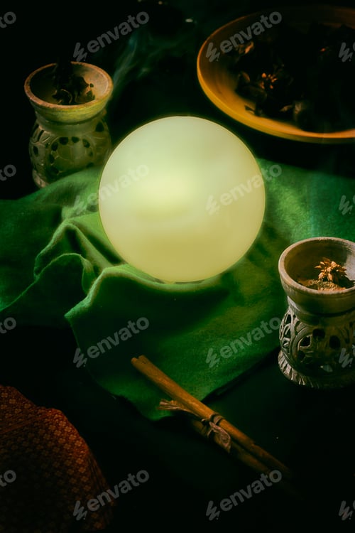 Preview: Crystal ball to guess the future, on a divination table.