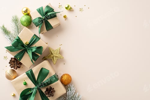 Visualização: Imagem de alegria de Natal na vista superior: caixas de presente de papel artesanal, enfeites verdes cintilantes, laranja e dourados