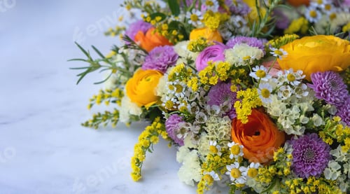 Preview: Fresh flower wreath bouquet decoration on a marble table, close up. Spring, garden nature.