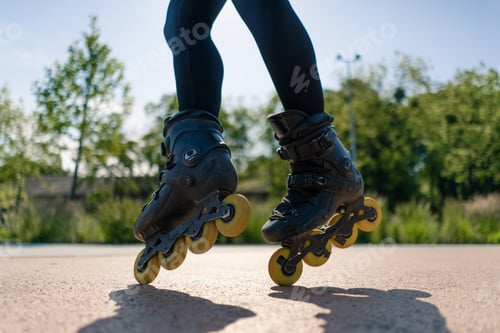 Preview: sporty girl practicing tricks on roller skates in park on city background enjoying roller skating