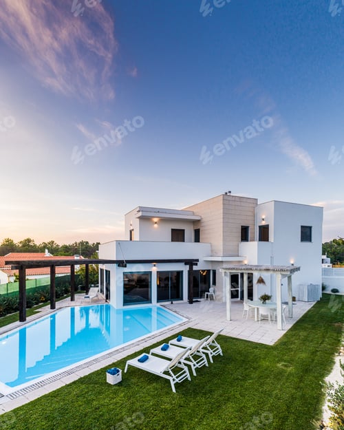 Preview: Modern house with garden swimming pool and wooden pergula