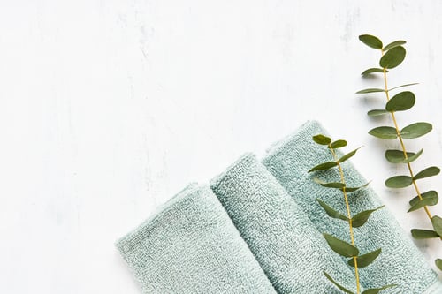Preview: Rolled fluffy towel and green eucalyptus branch on white background. Copy space